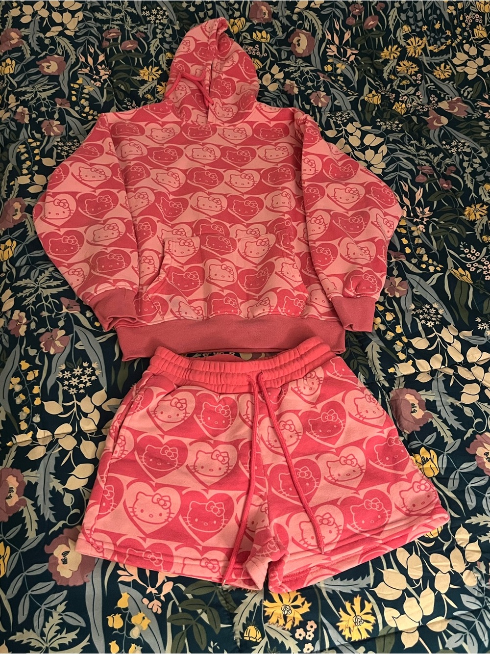 Hello Kitty Pink Heart Hoodie and Shorts Set Women’s Size Small